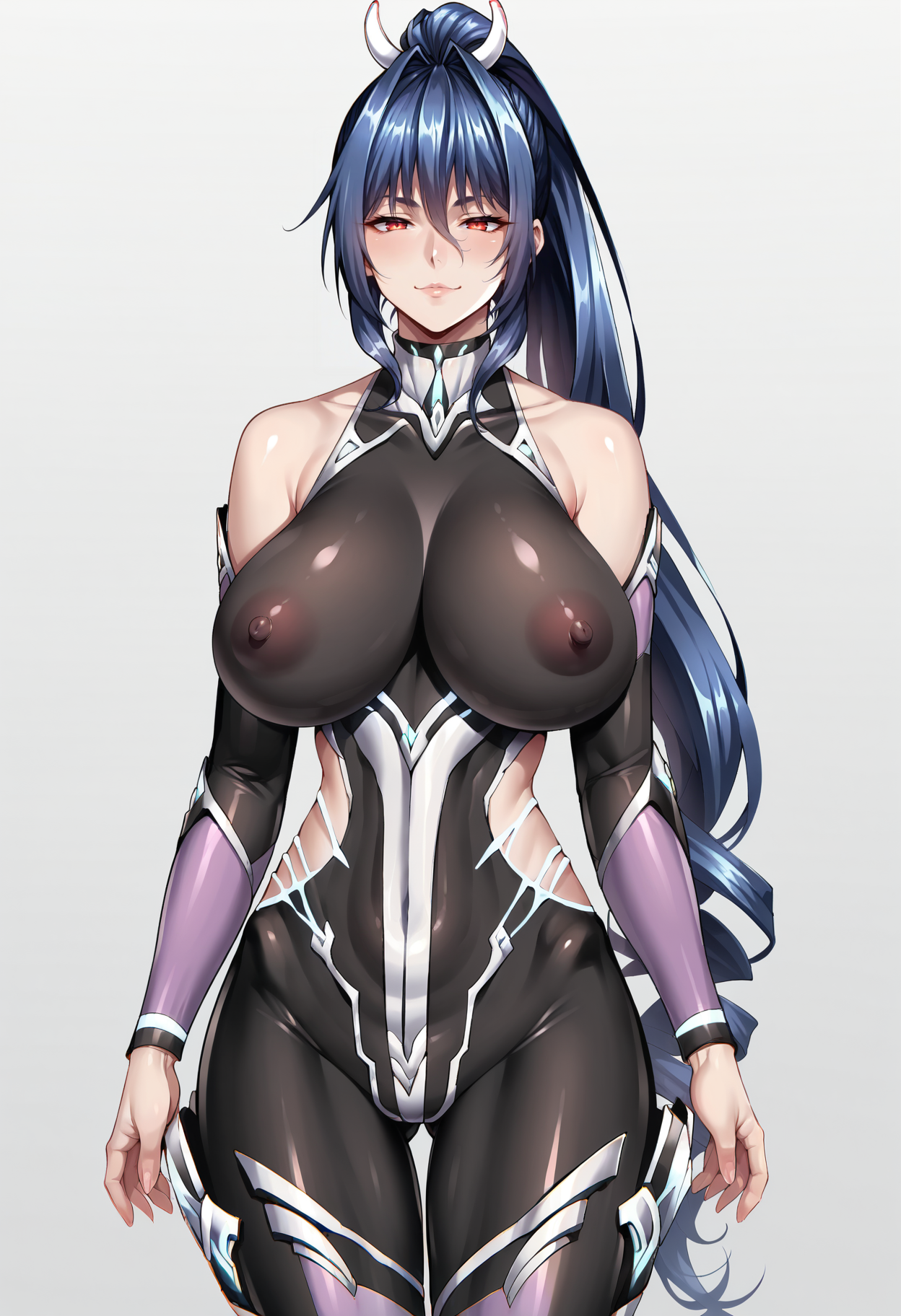 score_9, score_8_up, score_7_up, score_6_up, source_anime, uncensored,
1girl, solo, (konno tohiro:0.5), 
standing,
looking at viewer, half-closed eyes, light smile,
Uehara_Rin_SK, 
red eyes, blue hair, long hair, high ponytail, bangs, 
taimanin suit, puple bodysuit, skin tight, thigh gap, bare shoulders, 
simple background, white background,
 <lora:Uehara_Rin_SK:1>