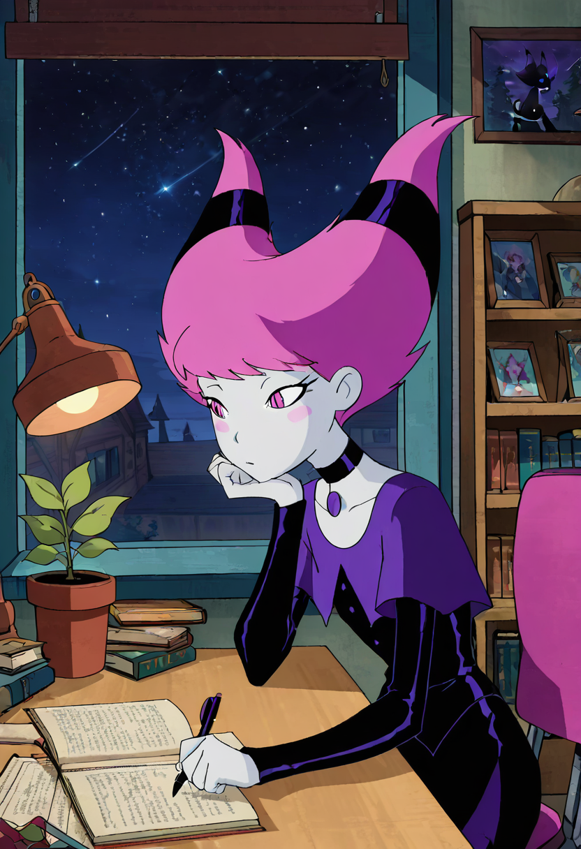 masterpiece, best quality, solo, curvy, beautiful eyes,   jnx, pink eyes, pink hair, grey skin, hair up, pale skin, medium hair, hair horns, short hair, colored skin,   choker, blush stickers, dress, official style, purple eyes, makeup, pantyhose ,       <lora:JinxTT_IXL:1.0>, , zzLofi, sitting, side view, desk, chair, book, bookshelf, head rest, holding, holding pen, lamp, night, open book, pen, plant, potted plant, sky, star (sky), starry sky, window, windowsill, writing, <lora:LofiGirl_Style_IXL:0.8>,