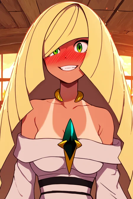 score_9, score_8_up, score_8, (big breasts), (wide hips, curvy), cute, eyelashes, BREAK, pokemonlusamine, blonde hair, green eyes, hair over one eye, long hair, multicolored hair, streaked hair, very long hair, 1girl, solo, blush, upper body, teeth, indoors, window, nose blush, parody, sunset, wide-eyed, full-face blush, ((kimono, off shoulder, tanline):1), <lora:pokemon-lusamine-ponyxl-lora-nochekaiser:0.8>, ,BREAK, cowboy shot, smile, looking at viewer, Expressiveh, <lora:Alola_Style_PDXL:1.0>, <lora:Expressive_H-000001:0.4>,