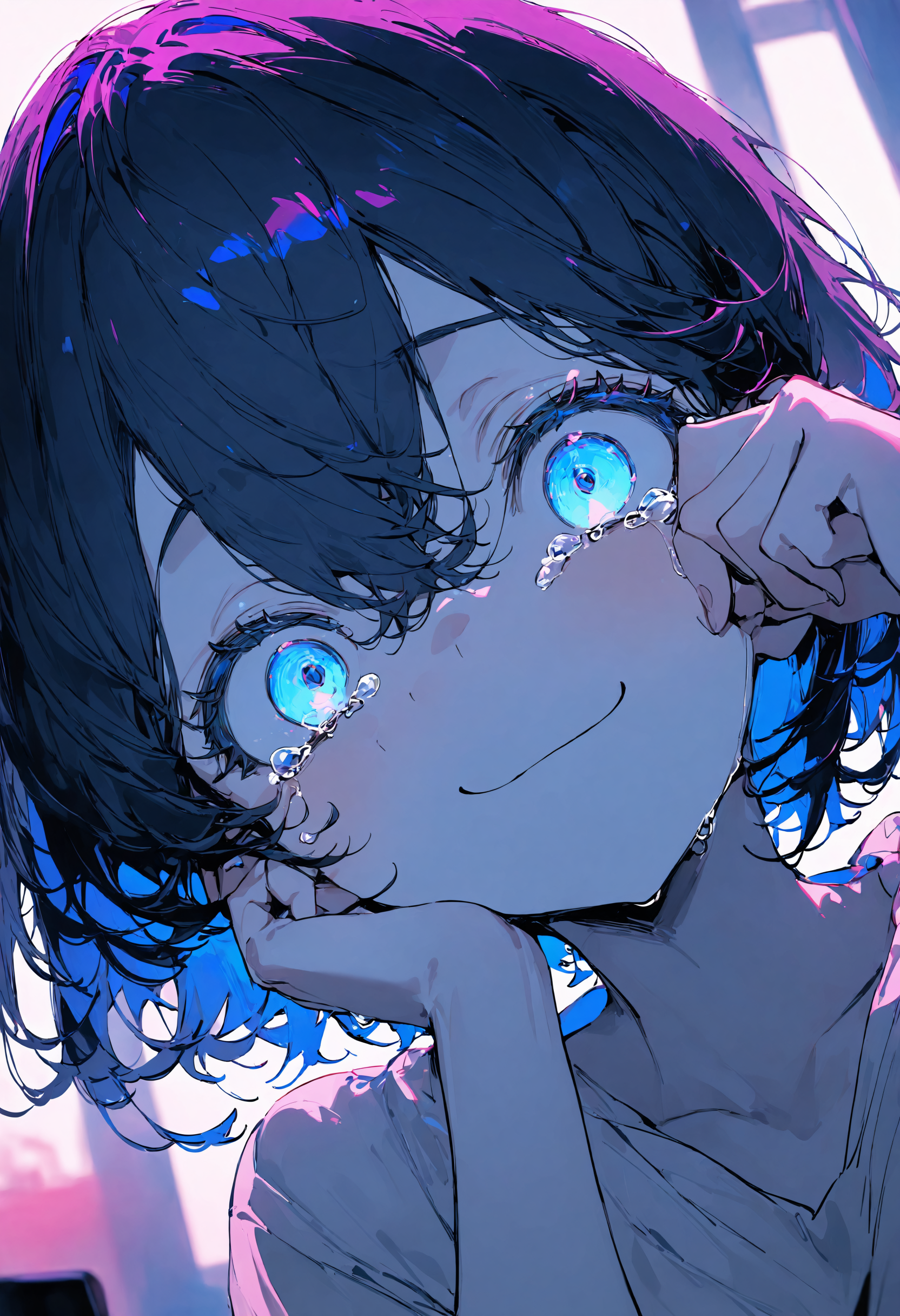 masterpiece, best quality, newest, absurdres, highres, very awa, anime screencap, film grain, limited palette, ambient occlusion, depth of field, intricate background, blue theme, 1girl, solo, close-up, tears, blue eyes, smile, wiping tears, hand on own face, crying, female focus, hair between eyes, crying with eyes open, eye focus, closed mouth, short hair, wide-eyed, portrait, black hair, looking at viewer, hand up