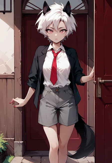 score_9, score_8_up, score_7_up, score_6_up, c1ca,1girl,adult,bare_legs, impossible_clothes, body_silhouette, adjusting clothes, eye_contact, perfect_breasts, lips parted, slim, short hair, pink eyes, white hair, animal ears, red piercing, black wolf tail,ruanyi1043, white shirt, red tie, grey shorts, fishnets, standing, cute_expression, outdoors,porch,doorway,