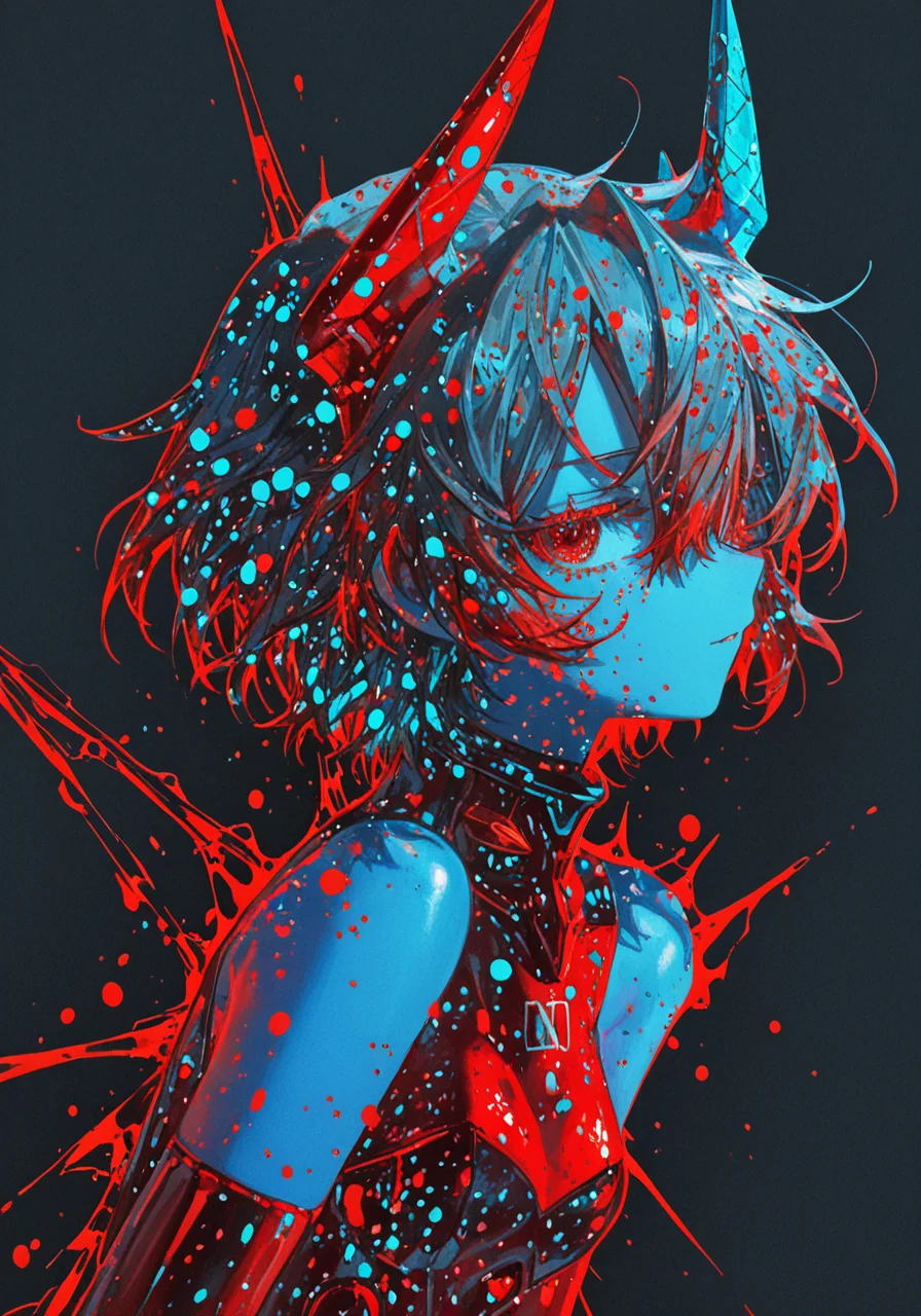 masterpiece, best quality, good quality, waterkuma, [quasarcake, rebecca \(keinelove\),masterpiece, best quality, good quality, anime,
(best quality:1.2), 1girl, neat girl, plugsuit, detached sleeves, bare shoulders, simple background, short hair, stylish hair, upper body, high contrast, aqua, red, hearts, wings, horns, blue skin, flat color, splashes of color, colors mashing, colorful dots, paint splatter
, very aesthetic, masterpiece, absurdres, best quality, amazing quality, very aesthetic, absurdres, (flat 2d vector style), (minimalist material icon:1.2), Ay-O, a character portrait, rayonism, (no lineart:1.3), masterpiece, best quality, good quality, quasarcake, [ningen mame], (rhasta:0.7), (rella:0.6)