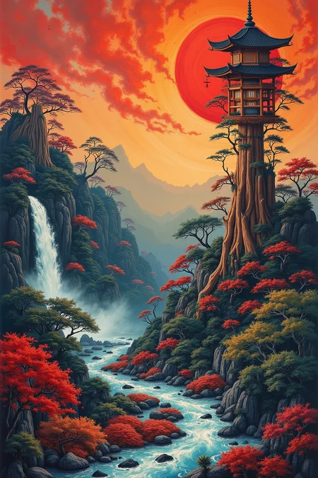 In a stunning mix of cultures that captures the essence from within a vibrant burr and blend, this surreal landscape comes alive as an ancient Tirusti and the traditional Japanese symbol. Swirl and swirl around its roots are brought into view by this captivating scene depicted through bold brushstrokes with reminiscent colors that seem almost real in all other places in motion. 