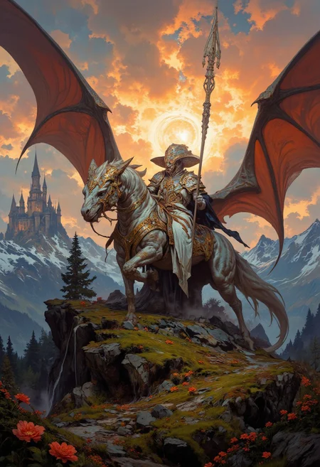 8k high quality digital painting , masterpiece, very detailed, ultra realistic, (best quality) very detailed epic masterpiece, 
unearthly beautiful, a breathtakingly beautiful landscape in the French Alps, in the foreground a shiny knight on a  beautiful dragon watches a beautiful castle in the distance, the low yellow-red sun casts long shadows, enchanting landscape, fairytale-like, calm mood, flowers in the foreground, realistic