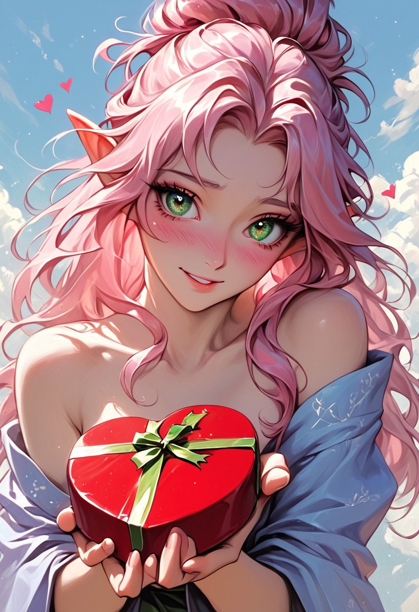 score_9, score_8_up, score_8, perfect detailed face, eyeliner, detailed fingers, detailed eyes. 1girl, sexy elf woman, slim, small breasts, long hair, pink hair, updo hair, green eyes, heart-shaped box, holding, box, gift, valentine,blush, shy smile, shy, zen garden, blue short kimono, bare shoulders, bare legs, hearts, close up