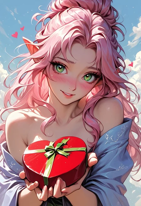 score_9, score_8_up, score_8, perfect detailed face, eyeliner, detailed fingers, detailed eyes. 1girl, sexy elf woman, slim, small breasts, long hair, pink hair, updo hair, green eyes, heart-shaped box, holding, box, gift, valentine,blush, shy smile, shy, zen garden, blue short kimono, bare shoulders, bare legs, hearts, close up