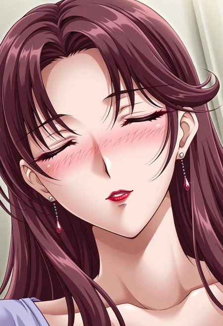 masterpiece, best quality, newest, highres, uncensored, 1girl, Koga Akane,Shoulder-length hair,long hair,huge breat,Claret hair,Violet eyes,hair Parted in Middle,
1girl, lipstick, solo, closed eyes, makeup, earrings, jewelry, long hair, blush, close-up, red lips, dutch angle, portrait, mature female