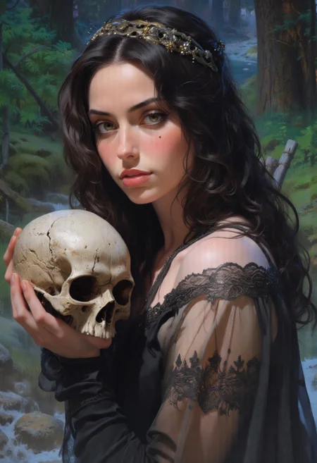 A woman holding a skull.
