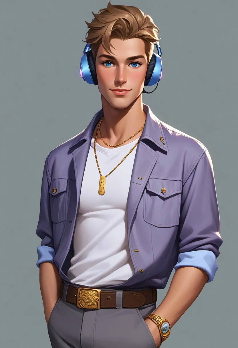 score_9, score_8_up, score_7_up, casgart, BREAK 1boy, man, mature, solo, handsome, blue eyes, brown short hair, white t-shirt, purple unbuttoned jacket with a gold zipper over t-shirt, single gold letter R on the chest, gray pants, gray and purple Bluetooth headphones, brown belt with silver buckle, sleeves rolled up to the elbow, BREAK right hand in pocket, left hand down, standing, cowboy shot, looking at viewer, semi-sideways, half-sideways, BREAK simple background, gray background, rim light