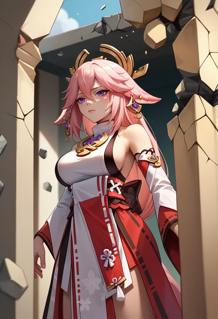 score_9, score_8_up, score_7_up, NokotanEnteringClassroom, broken wall, stone, cowboy shot, <lora:NokotanEnteringClassroomMeme_pdxl_Incrs_v1:1>, yae miko,