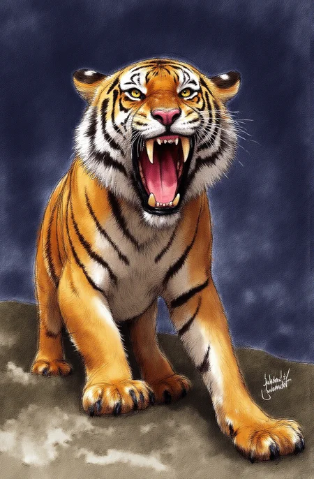 Sharp image of a rough sketch, rendered in vibrant multi colour ballpoint pen, capturing the adorable features of a digital illustration of a saber-toothed tiger roaring. The tiger is standing on a rocky terrain with a dark and stormy background. Its mouth is open wide, revealing sharp teeth and sharp claws. Its fur is a golden-brown color with darker spots, and its eyes are a piercing yellow. The overall mood of the image is fierce and powerful. p3nsk, <lora:p3nsk:1>