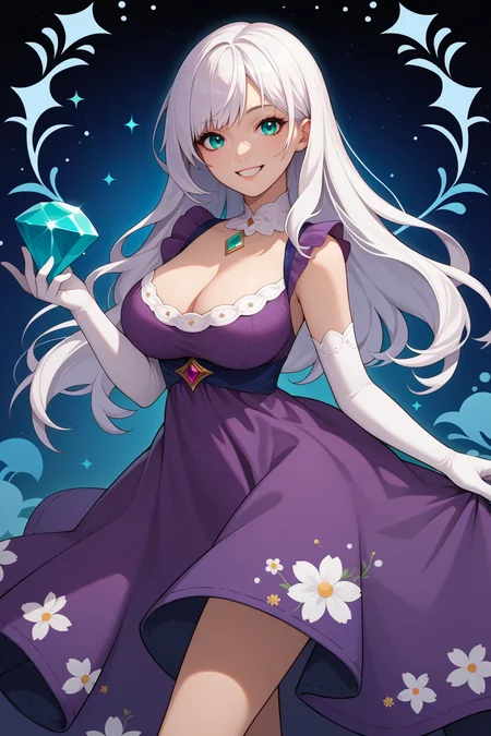 score_9, score_7_up, source_anime, cowboy shot, looking at viewer, smile, teeth, 1girl, large breasts, long hair, white hair, bangs, aqua eyes, jewelry, purple dress, white elbow gloves, holding gem, abstract background, floral background, starry background