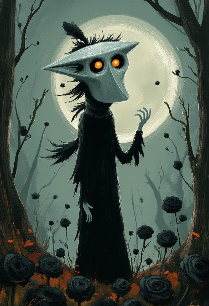A whimsical illustration of a tall, thin figure in flowing black robes in dark whimsical art style, wearing the iconic elongated white ghost mask with dramatically stretched features, standing among twisted dead trees and wilting black roses, digital painting with ethereal brushstrokes showing billowing fabric texture and mist wisps, moonlit garden background with scattered autumn leaves, characteristic Tim Burton inspired design with haunting amber eyes gleaming through the mask's dark hollows, the figure's impossibly long fingers reaching toward scattered crow feathers.
