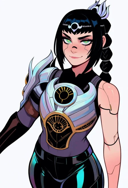 best quality, amazing quality, very aesthetic, absurdres,
robotskin, cyborg, robot skin, android,
1girl, shadowheart, black hair, braided ponytail, tiara, green eyes, armor, leather pants,
solo, smile, looking at viewer, simple background, white background <lora:RobotSkinNoobXL_byKonan:1> <lora:ShadowHeartIllustrious_byKonan:0.8>