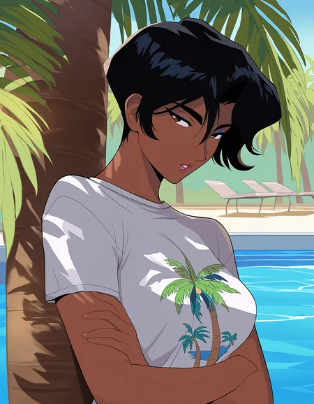 masterpiece, good quality, best quality, absurdres, highres, very awa,
hayami ayuko, leaning back on palm tree, crossed arms, leaning back, leaning on object, leaning on tree, upper body, detailed arms, detailed hands,
dark-skinned female, 1girl, solo, parted lips,
black hair, short hair, brown eyes, makeup, lips, lipstick,
white shirt, t-shirt, (print shirt:1.1), palm tree print,
large breasts,
outdoors, poolside, tree, sidelighting, sunlight, day,
<lora:Hayami Ayuko 3216 NoobAIXL Vpred:1>