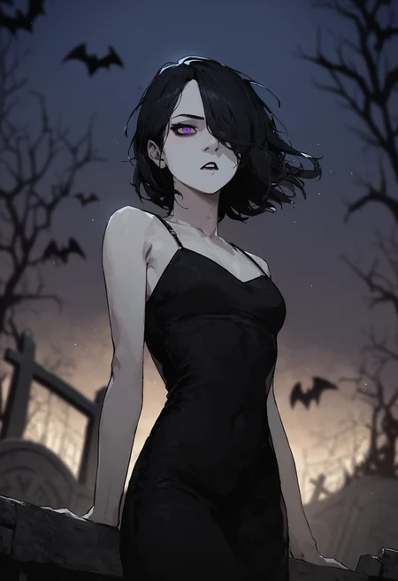 score_9, score_8_up, score_7_up,
solo, horror theme,
1girl, black hair, pale skin, purple eyes, hair over one eye, medium hair, medium breasts, slim red lipstick,
black dress, silk dress,
outdoors, graveyard, bats flying around, annoyed, dark sky, night, close up, parted lips, blurry background,
<lora:Gogalking_-_style:0.8>, gogalking,