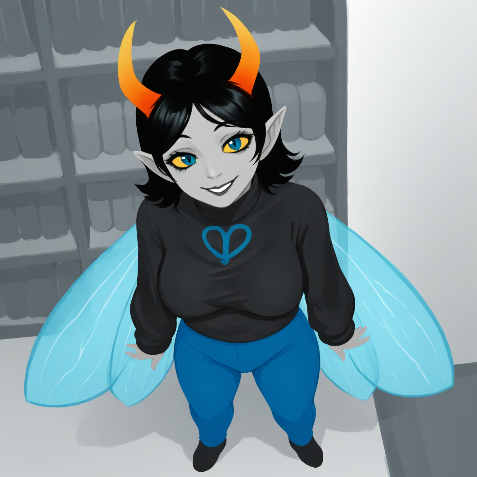 score_9, score_8_up, score_7_up, HD, best quality, masterpiece, solo, 1girl, Muscah, black hair, horns, antennae horns, pointy ears, makeup, coloured skin, grey skin, coloured sclera, yellow sclera, blue eyes, insect wings, large breast, black sweater, black turtleneck symbol on sweater, fly \(symbol\), blue pants, tight pants, smile, siting, high angle view, indoors, bar