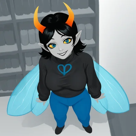 score_9, score_8_up, score_7_up, HD, best quality, masterpiece, solo, 1girl, Muscah, black hair, horns, antennae horns, pointy ears, makeup, coloured skin, grey skin, coloured sclera, yellow sclera, blue eyes, insect wings, large breast, black sweater, black turtleneck symbol on sweater, fly \(symbol\), blue pants, tight pants, smile, siting, high angle view, indoors, bar