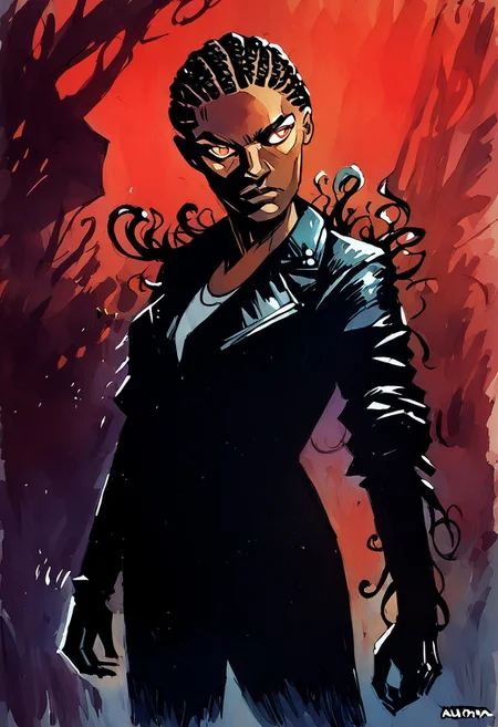 score_9, score_8_up, score_7_up, score_6_up, 1girl, watercolor painting, cowboy shot, (african), woman, (dark-skinned female), cornrows, leather jacket, surrounded by shadows, her eyes glowing red, background is a dark room, twisted shadows, sinister look on face, eye contact,
expressive,
black linework, black hair, fflix-shadows, silhouette, tentacles, venom_assimilation