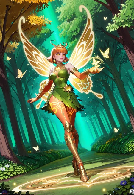 masterpiece, best quality, very aesthetic, absurdres, intricate details, 4k, semi realistic, cartoon, dutch angle, fantasy, orange energy around, green energy around, aura, gold dust particles surrounds her, dynamic pose, fighting stance, score_9, score_8_up, score_7_up, score_6_up, score_5_up, female, 21 years old, full body, newest, lora:AMarvelRivals_style:1 marvelrivals., flyaing through the sky, surrounded by butterflies,
A radiant forest spirit fairy stands in a powerful yet elegant stance, her body glowing with a mystical aura. Her luminous golden butterfly eyes shimmer like captured sunlight, framed by long, silver-white lashes. A soft blush dusts her cheeks, complementing her cute button nose and delicate facial structure. Wisps of silver bob-cut with a honey-gold ombre cascade around her, interwoven with small flowers and vibrant green leaves.
Her translucent butterfly-like wings, infused with warm orange hues and glowing golden veins, flutter with a fiery radiance, leaving behind a faint trail of shimmering light. Small, curled antennae extend from her forehead, sensing the life force around her.
She wears a leaf dress woven from deep green foliage, elegantly wrapped around her form like living armor, adorned with tiny glowing amber gemstones. Vines coil around her arms, trailing down to her wrists. Swirling gold dust dances around her as she channels both the energy of the forest and the raw power of nature, exuding both serenity and unyielding strength.