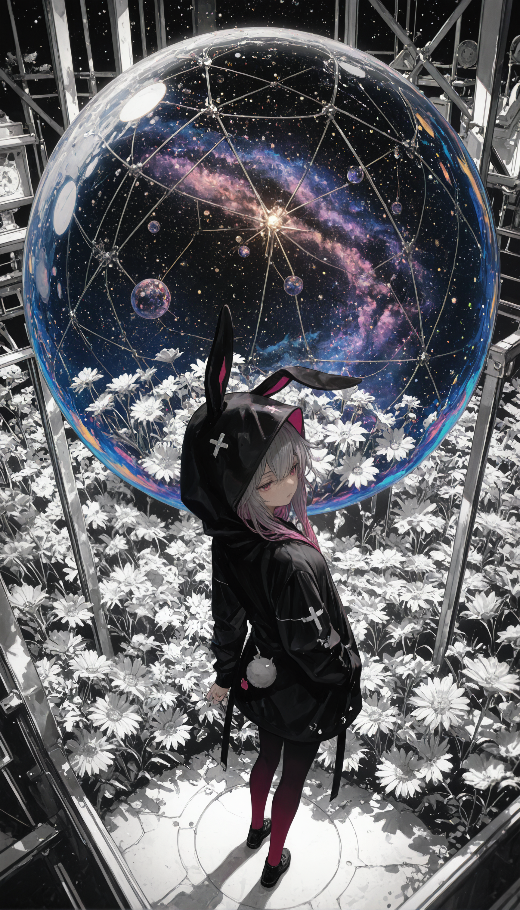 masterpiece, best quality, high quality, good quality, newest, highres, absurdres, Surreal cosmic bubble, starry galaxy interior, translucent dome, otherworldly scene, dreamy atmosphere, wildflowers, silhouette, BREAK, 1girl, petite, (long hair, gradient hair), (gradient eyes), BREAK, harajuku rabbit ear jacket,cross rabbit ears, hoodie, hood up, rabbit ears, long sleeves, <lora:HandFixer_pdxl_Incrs_v1:0.5> <lora:None:1.0> <lora:deadpuritySDXLvpred10-step00002300:0.30000000000000004> <lora:Kantoku_Style_for_Illustrious:0.8000000000000002> <lora:banpaiAkiraOSXL_NBVP1_lokr_V6311P:0.30000000000000004> <lora:WSSKX_WAI:0.30000000000000004> <lora:Aura_Phantasy&Shiiro's_Styles-Illustrious:0.30000000000000004> <lora:åå¡ã__ATNR_STYLE-Illustrious:0.05000000000000001> <lora:r17329_illuu:0.05000000000000001> <lora:il_saturation_slider_d1:-0.5000000000000001> <lora:il_color_temp_slider_d1:-1.0000000000000002>