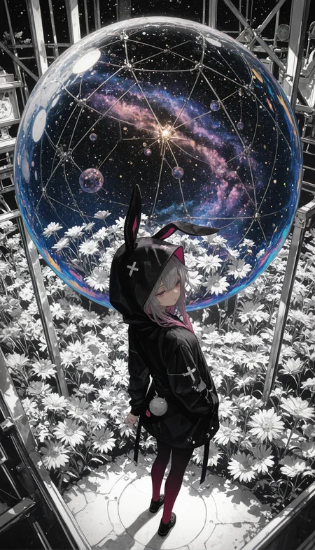 masterpiece, best quality, high quality, good quality, newest, highres, absurdres, Surreal cosmic bubble, starry galaxy interior, translucent dome, otherworldly scene, dreamy atmosphere, wildflowers, silhouette, BREAK, 1girl, petite, (long hair, gradient hair), (gradient eyes), BREAK, harajuku rabbit ear jacket,cross rabbit ears, hoodie, hood up, rabbit ears, long sleeves, <lora:HandFixer_pdxl_Incrs_v1:0.5> <lora:None:1.0> <lora:deadpuritySDXLvpred10-step00002300:0.30000000000000004> <lora:Kantoku_Style_for_Illustrious:0.8000000000000002> <lora:banpaiAkiraOSXL_NBVP1_lokr_V6311P:0.30000000000000004> <lora:WSSKX_WAI:0.30000000000000004> <lora:Aura_Phantasy&Shiiro's_Styles-Illustrious:0.30000000000000004> <lora:åå¡ã__ATNR_STYLE-Illustrious:0.05000000000000001> <lora:r17329_illuu:0.05000000000000001> <lora:il_saturation_slider_d1:-0.5000000000000001> <lora:il_color_temp_slider_d1:-1.0000000000000002>