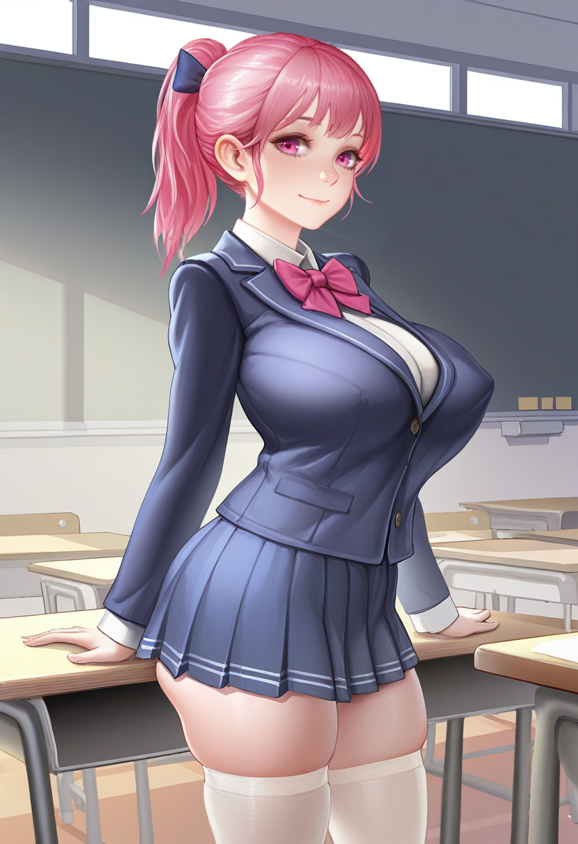masterpiece, best quality,  <lora:JM:1> J0t43M3, 1girl, solo,standing,looking at viewer, happy, closed mouth,pink hair, ponytail, pink eyes, large breasts, school uniform, bow, long sleeves, skirt, skindentation, thighhighs, indoors, classroom,