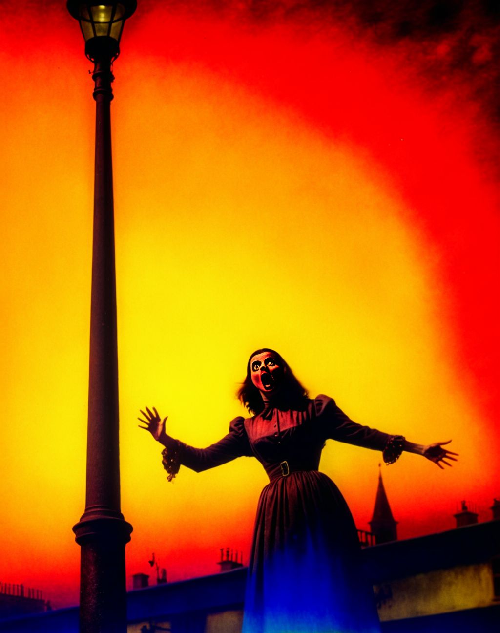 A streetlamp flickering as if alive, afraid of dawn -- <lora:Vintage Horror XL:1> Vintage Horror, painting , <lora:pal:1> Photo of a woman.   <lora:Ingrid Bergman SDXL:1> namgrebdirgni  <lora:Psycho:1>