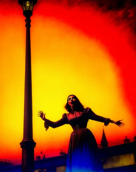 A streetlamp flickering as if alive, afraid of dawn -- <lora:Vintage Horror XL:1> Vintage Horror, painting , <lora:pal:1> Photo of a woman. <lora:Ingrid Bergman SDXL:1> namgrebdirgni <lora:Psycho:1>