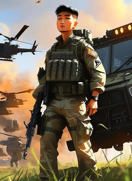 samdoesarts; an image of man with military gear, cargo pants, (intricate), (detailed), digital art, dynamic pose, in a battlefield