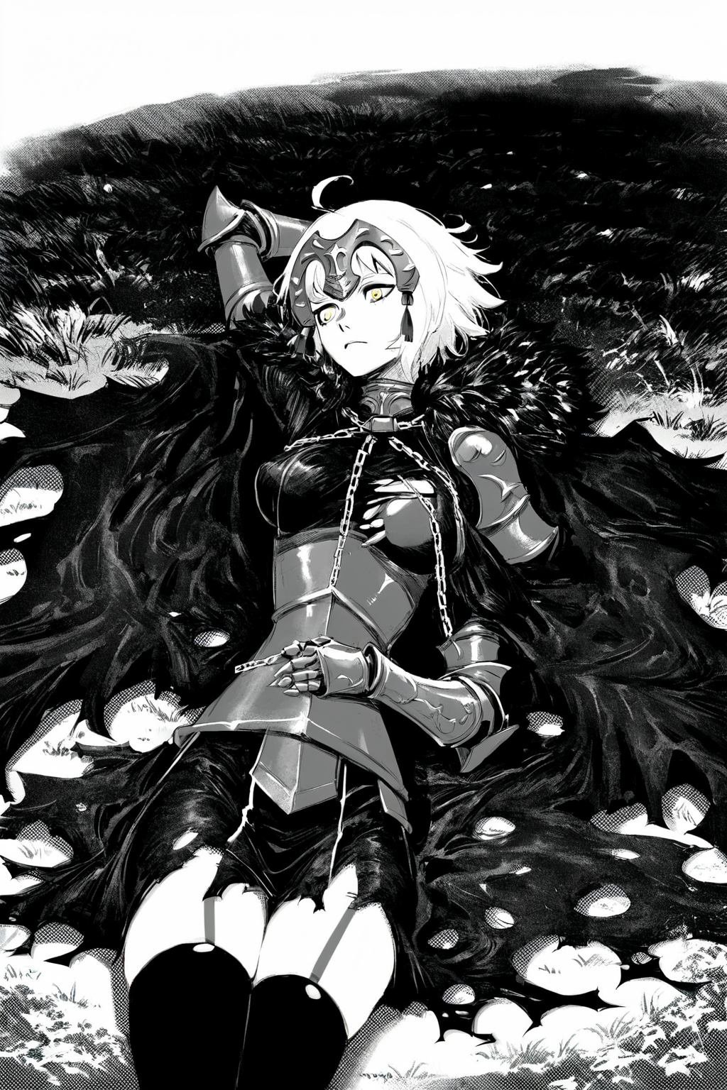 score_9, score_8_up, score_7_up, jeanne d'arc alter \(fate\), ahoge, armor, armored dress, black cape, black dress, black thighhighs, breasts, cape, chain, dress, faulds, fur-trimmed cape, fur trim, gauntlets, headpiece, large breasts, plackart, short hair, thighhighs, torn cape, torn clothes, white hair, yellow eyes, solo, solo focus, cowboy shot, high contrast,wide shot, white background, Lying on a grassy field, one hand behind the head, daydreaming., <lora:godiva_bw:1>, (monochrome:1.5), (greyscale:1.5)