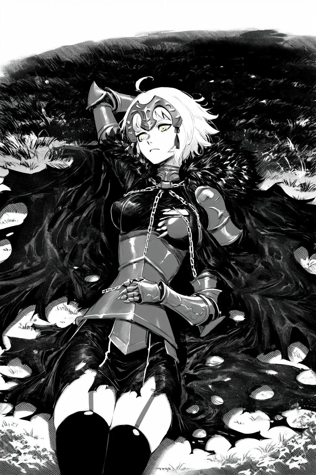 score_9, score_8_up, score_7_up, jeanne d'arc alter \(fate\), ahoge, armor, armored dress, black cape, black dress, black thighhighs, breasts, cape, chain, dress, faulds, fur-trimmed cape, fur trim, gauntlets, headpiece, large breasts, plackart, short hair, thighhighs, torn cape, torn clothes, white hair, yellow eyes, solo, solo focus, cowboy shot, high contrast,wide shot, white background, Lying on a grassy field, one hand behind the head, daydreaming., <lora:godiva_bw:1>, (monochrome:1.5), (greyscale:1.5)