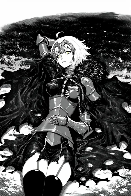 score_9, score_8_up, score_7_up, jeanne d'arc alter \(fate\), ahoge, armor, armored dress, black cape, black dress, black thighhighs, breasts, cape, chain, dress, faulds, fur-trimmed cape, fur trim, gauntlets, headpiece, large breasts, plackart, short hair, thighhighs, torn cape, torn clothes, white hair, yellow eyes, solo, solo focus, cowboy shot, high contrast,wide shot, white background, Lying on a grassy field, one hand behind the head, daydreaming., <lora:godiva_bw:1>, (monochrome:1.5), (greyscale:1.5)