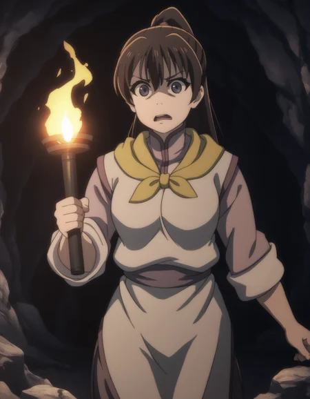 score_9,  score_8_up, score_7_up, <lora:fighter-gs-ponyxl-000015:1> gsfghtr, multicolored robe, neckerchief,
1girl, frown, open mouth, holding torch, cave, dim lighting