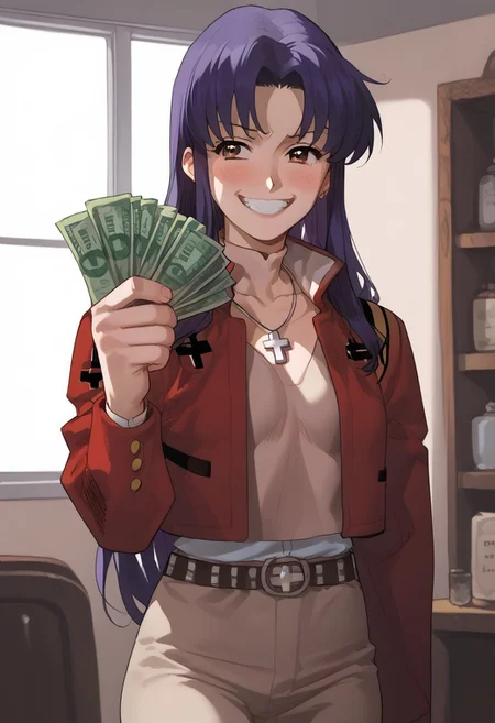 abbystea style, score_9, score_8_up, score_7_up, source_anime, rating_explicit, misatokatsuragi, misato katsuragi, long hair, brown eyes, purple hair, parted bangs, a lot of jewelry, jacket, belt, straps, necklace, cross, cross necklace, evil smile, wide smile with teeth, cowboy shot, looking at viewer, solo, gangstersb, thumbs up, one eye closed, grin, smile, money, holding money, portrait, cropped torso, indoors, in misato katsuragi flat,
BREAK,
1boy, shinji, sad shinji on background, shinji sad, shinji blushy,