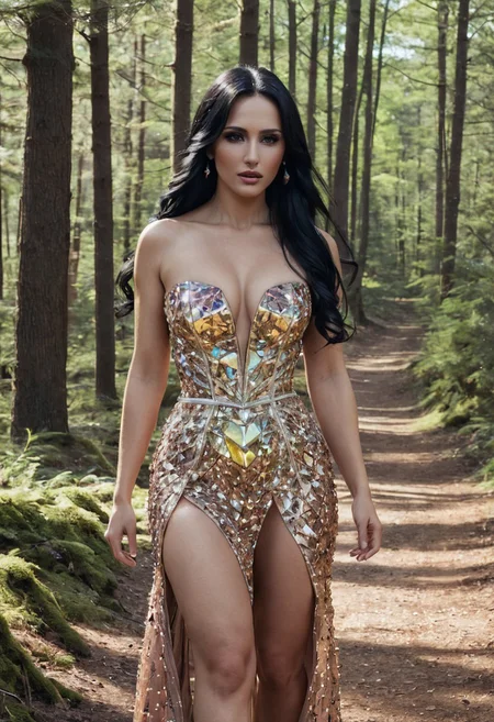 (score_9, score_8_up, (((realism, photograph), (photorealistic), realistic)), intricate detail), (soft lighting, sunset lighting), (beautiful woman, sexy woman, young woman, 20 years old, Celtic woman, (slender woman:1.7)), (detailed face:1.2), (smooth hair, long hair, black hair:1.8), ((cobalt blue, crystalline dress:1.1), (sleeveless, bare arms, strapless)), (cleavage:1.6), walking in a forest, 8k uhd, dslr, high quality, film grain, Fujifilm XT3