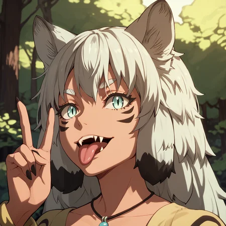 <lora:SlimesSuphia:1>, score_9, score_8_up, score_7_up, slimes_suphia, woman, portrait, facial markings, thick forest background, sunbeams, fangs, tongue out, peace handsign, dog ears