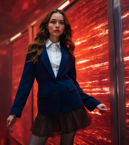 raw photo, digital photo, realistic, raw, hyperrealistic, ultradetailed, sci fi , futuristic, cinematic, tall, slender, 25yo, masterpiece german female, earrings, very long chestnut wavy hair,, midnight-blue jacket, white crisp shirt, darkblue skirt, sheer brown pantyhose, lowheels, standing, strict expression, no makeup, holding tablet pc,, indoors, hall, metal walls, control panels, led lights, laser lights, dim lights, windows, (red sky, red terrain outside the windows:1.2), best effects, details, edge detection, full body, <lora:d\EnvyAwesomizeXL01:1> awesomize