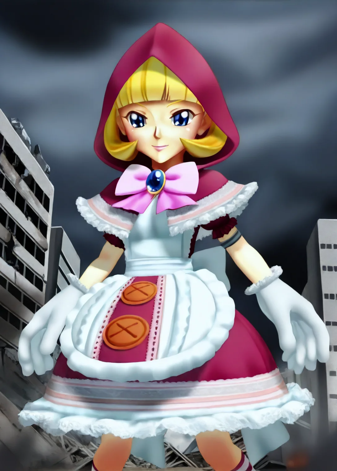 Rotkappchen, 1girl, solo, short hair, blue eyes, blonde hair, gloves, dress, bow, shoes, striped, hood, apron, pink bow, striped socks, socks, frilled dress, brooch, jewelry, white gloves, red hood, giantess
BREAK
adult
BREAK
cowboy shot
BREAK
standing
BREAK
excited
BREAK
city, destroyed city, destruction
BREAK
masterpiece,best quality,absurdres,very aesthetic, <lora:rotkappchen_IL_Lora_v1:1>, <lora:StS_Age_Slider_Illustrious_v1:4>