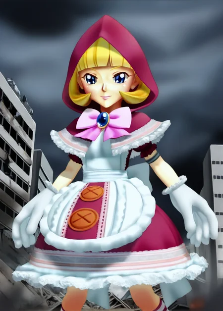 Rotkappchen, 1girl, solo, short hair, blue eyes, blonde hair, gloves, dress, bow, shoes, striped, hood, apron, pink bow, striped socks, socks, frilled dress, brooch, jewelry, white gloves, red hood, giantess
BREAK
adult
BREAK
cowboy shot
BREAK
standing
BREAK
excited
BREAK
city, destroyed city, destruction
BREAK
masterpiece,best quality,absurdres,very aesthetic, <lora:rotkappchen_IL_Lora_v1:1>, <lora:StS_Age_Slider_Illustrious_v1:4>