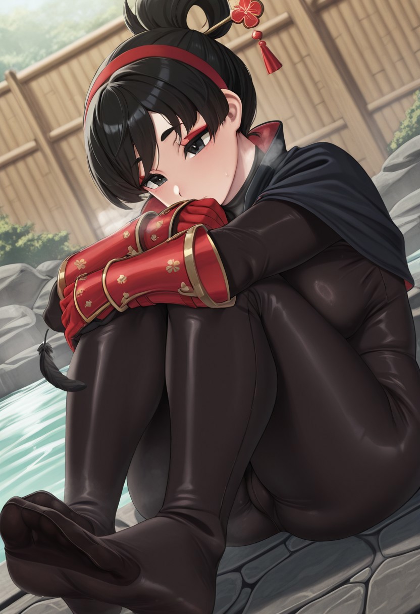 moistureILL,  outdoors, undershirt, falling feathers, black bodysuit, hair stick, hugging knees, knees to chest, gauntlets, eyeshadow, red gloves, two sides up, black capelet, red hairband, black eyes, 1girl, solo, feet, visible breath, dynamic angle, foreshortening, smell, steam, onsen, water