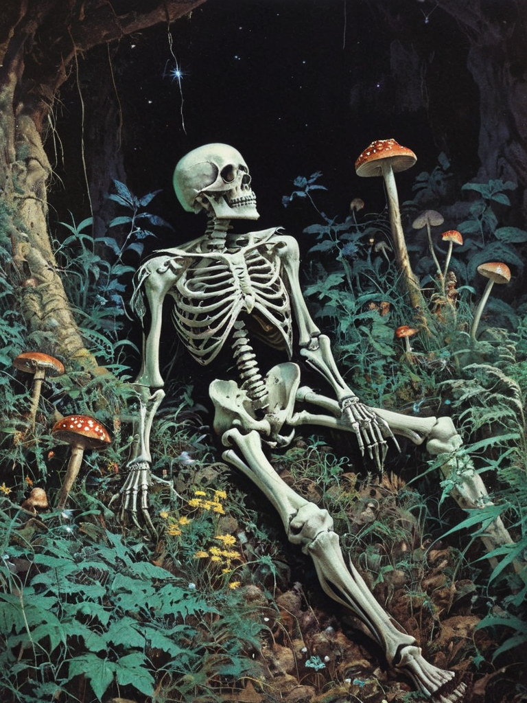 1970's dungeons and dragons dark fantasy artstyle,a skeleton on the ground covered with overgrown flora and mushroom,esoteric symbolism,deep,trending on art station,twinkling stars,grain,cinematic,realistic,photo,,,<lora:dark_fantasy:1>,<lora:add-detail-xl:1>