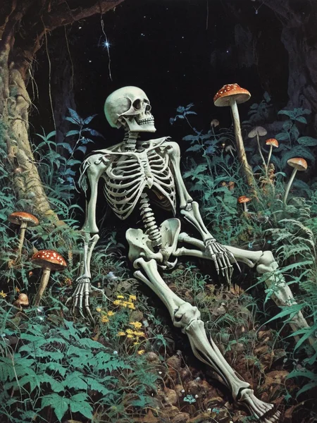 1970's dungeons and dragons dark fantasy artstyle,a skeleton on the ground covered with overgrown flora and mushroom,esoteric symbolism,deep,trending on art station,twinkling stars,grain,cinematic,realistic,photo,,,<lora:dark_fantasy:1>,<lora:add-detail-xl:1>