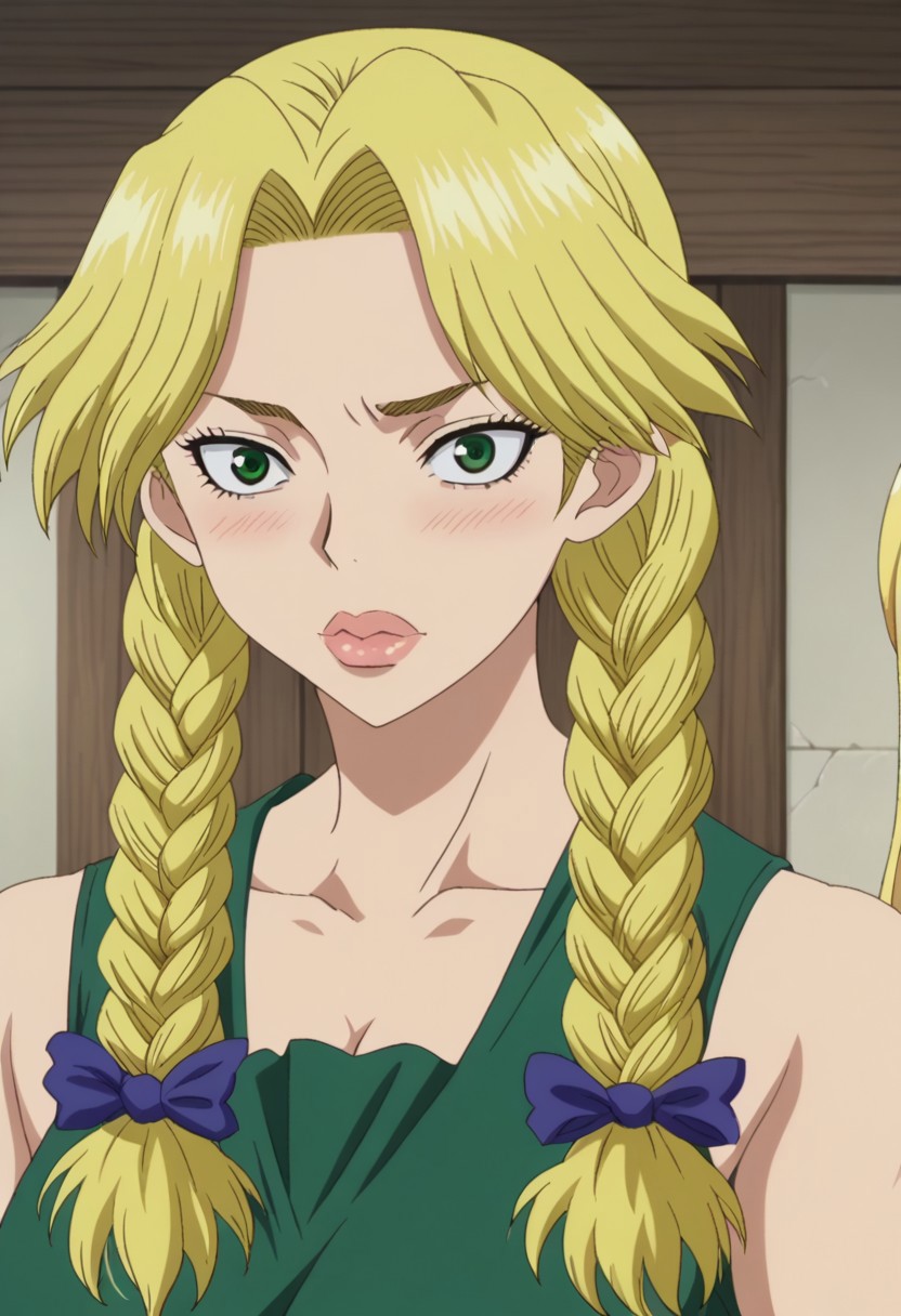 <lora:SlimesNikki:1>, nikki, woman, blonde hair, braids,, green eyes, thick lips, ,,,, ,, anime coloring,anime screencap, 1girl,Solo ,, anime,PUFFY nipple,huge breasts,official art,Uncensored ,Unedited ,,,, ,,,, ,,,, ,,