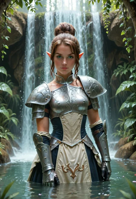 (aerial perspective), A quality photograph of a woman with elf ears , blue eyes and long, wet brown hair, tied in a messy bun, is crouched in a shallow stream. Her armor is intricately detailed, featuring silver and black steel plates with a mix of smooth and textured surfaces, and includes shoulder guards, gauntlets, and a breastplate with ornate engravings, she is gripping a large, double-edged silver sword with both hands.the sword shimmers in light. The background features a cascading waterfall surrounded by lush greenery, with water droplets suspended in mid-air. The scene exudes a sense of action and adventure, reminiscent of fantasy or historical settings.