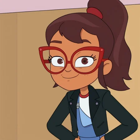 Hailey banks, 1girl, solo, young, slender, tan skin, upper body, smug, red and white shirt, long sleeves, blue overalls, black jacket, leather jacket, brown hair, sidelocks, ponytail, glasses, red glasses, closed mouth, indoors, hands on hips, looking at viewer