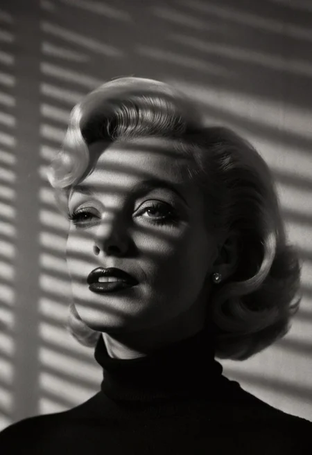 casting shadow style portrait of Marylin Monroe in her 20s wearing a black turtleneck (with a shadow on her face:1.2), serious look, cucoloris patterned illumination, shallow depth of field, highly detailed, high budget, bokeh, cinemascope, moody, epic, film grain, grainy, black and white