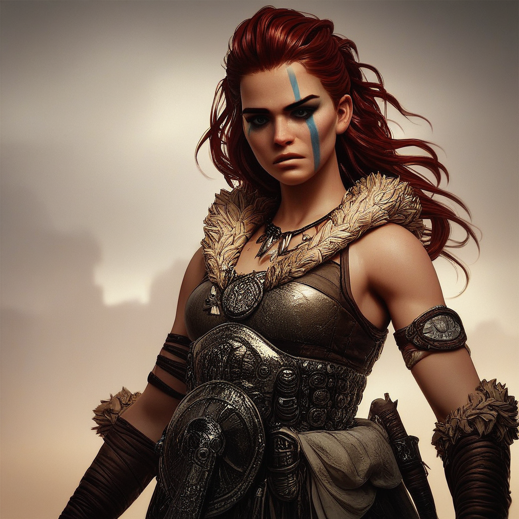 score_9, score_8_up, score_7_up, masterpiece, best quality, newest, absurdres, highres, DDstyle, official style, 1girl, HellionDD-Il.V1.0, jewelry, necklace, red hair, armor, leather armor, fur coat, red hair, tribal, clevage,