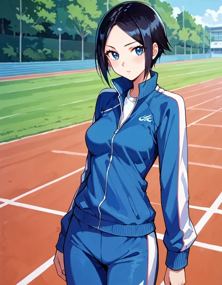 score_9, score_8_up, score_7_up, source_anime, anime screencap, anime coloring, masterpiece, best quality, traditional media, uncensored, 1girl, solo, (cowboy shot:1.2), eri todo, blue eyes, black hair, short hair, parted bangs, medium breasts, track suit, blue track jacket, open jacket, shirt, long sleeves, blue track pants, breasts, <lora:eri todo_Iitai Koto wa_Pony:1>, outdoors, cute face, (skindentation:1.2), ultra detailed eyes, depth of field, dynamic angle, sharp, (intricate details, hyperdetailed:1.15)