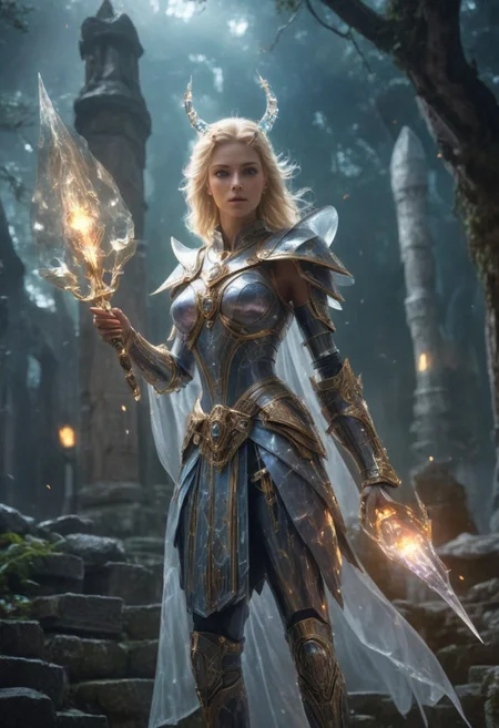 "cinematic film still Create a powerful fantasy scene featuring an ancient blonde sorceress girl wearing shining crystal armor that is pure magic. The sorcerer, draped in long, flowing robes adorned with arcane symbols, stands atop a stone platform in the middle of a mystical ruin. They hold a staff covered in glowing crystal, casting a powerful spell that creates a swirling magical energy around them. The ruins are surrounded by a dark, enchanted forest, with glimpses of strange creatures in the shadows. The sky is dark and stormy, with lightning illuminating the scene. The composition should exude a sense of ancient power and mystical intensity. photography, natural geographic photo, hyperrealistic, 16k resolution, (masterpiece, award-winning art), high detail, extremely detailed, full of detail, wide color gamut, high dynamic range, shallow depth of field, vignette, highly detailed, high budget, bokeh, cinemascope, moody, epic, beautiful, film grain, grainy, highest quality, masterpiece, realistic textures, subsurface scattering, detailed face, perfect sky, perfect lighting, (realistic:1.4)"